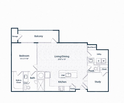 Floor plan for 1 bed, 1.5 baths, 1041 sqft